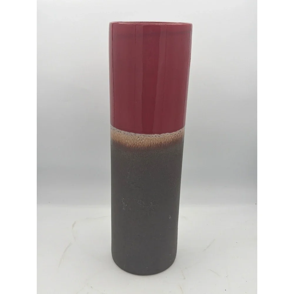 Crate & Barrel Modern Drip Glaze Ceramic Vase Red and Charcoal Grey 12 Inch